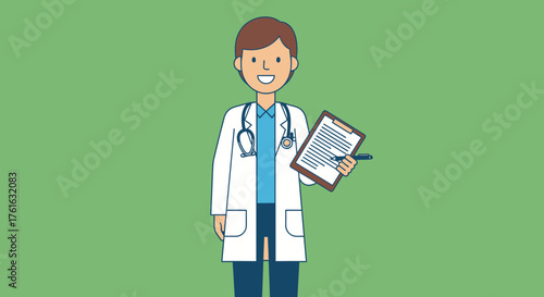 Cartoon Doctor Holding Clipboard with Medical Information.