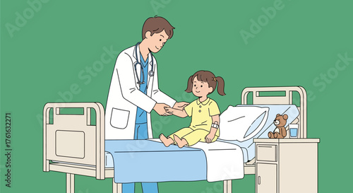 Doctor Examining a Young Patient in Hospital Bed Illustration.