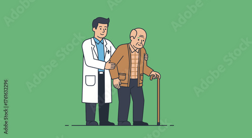 Doctor Assisting Elderly Man with Cane in Medical Setting.