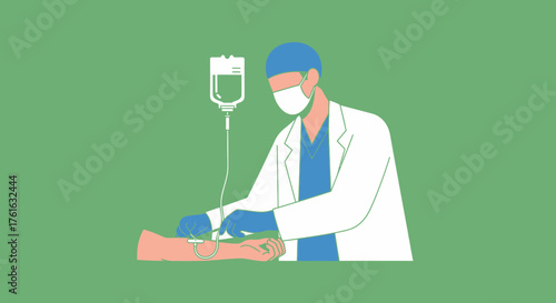 Medical Professional Administering IV Drip to Patient in Clinical Setting.