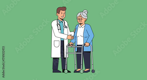 Doctor assisting elderly woman with walker, showing care and support.