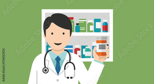 Cartoon doctor holding prescription bottle in front of medicine cabinet.