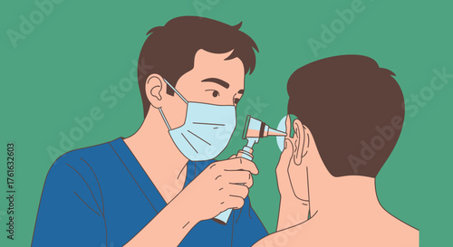 Doctor examining patients ear with otoscope during medical checkup.