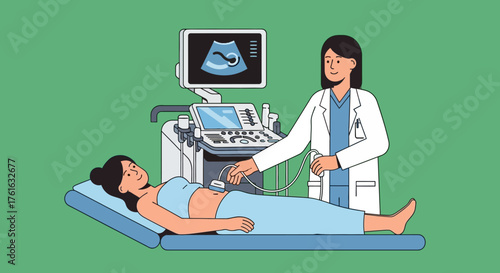 Doctor performing ultrasound on pregnant woman, medical examination.