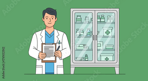Doctor with Clipboard and Medicine Cabinet Illustration.