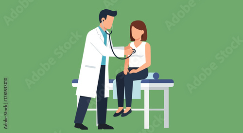 Doctor examining a patient with a stethoscope in a medical setting.