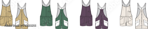 Collection of technical flat fashion drawings for a women's overall romper with pockets, presented in multiple color options