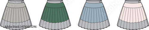 Collection of women's pleated midi skirts shown in multiple colorways as a fashion technical flat sketch vector template for apparel design