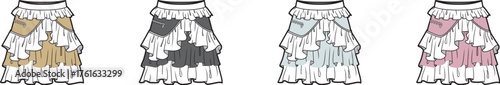 Fashion design illustration of four ruffled skirts in different colors and styles