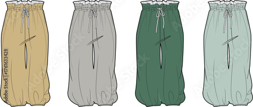 Set of colorful women's paperbag waist pants with drawstring and gathered ankles. Fashion flat sketch vector illustration template for apparel design