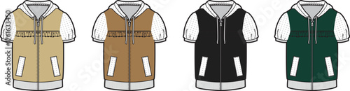 Colorful sleeveless hoodie jacket variations with zipper and pockets displayed in a row of four different colors