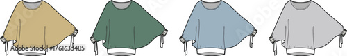 Collection of colorful women's poncho sweater technical flat sketches for apparel design and fashion portfolio mock-ups
