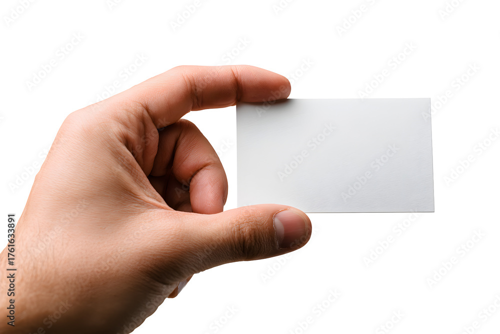 Obraz premium Hand holding blank white business card mockup, isolated on transparent background