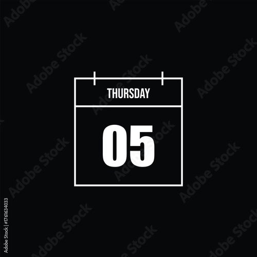 Minimalist Black and White Calendar Icon with Thursday and Date Number 5 Isolated on Black