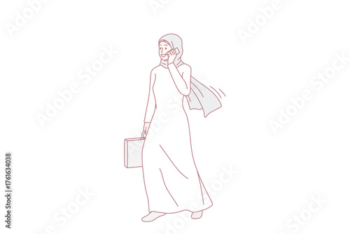 Smiling muslim businesswoman in traditional clothes talk on cellphone with client. Happy Islamic woman worker have business smartphone call. Technology, culture concept. Vector illustration.