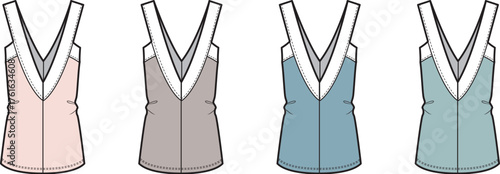 Vector illustrations of four tank tops in various muted colors, detailed sketch