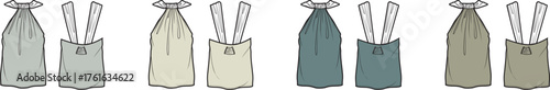 Minimalist graphic illustration set depicting various neutral-toned pouches or bottles each containing multiple slender tools or utensils, perfect for culinary or craft-related design projects