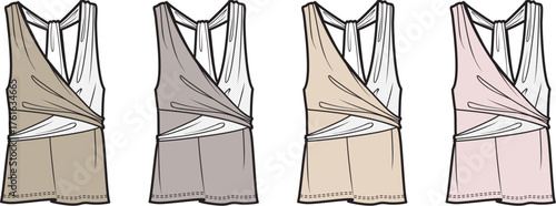 Fashion illustration of women's tops with wrap details and varying color palettes for style inspiration