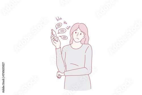 Upset young woman talk on cellphone feel bored by online communication, say blah blah in bubble. Unhappy girl annoyed bothered with smartphone conversation or call. Flat vector illustration.