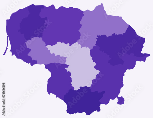 Map of Lithuania with regions. Just a simple country border map with region division. Deep purple color palette. Blank Lithuania shape with administrative division. Vector illustration.