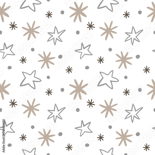 Art & IllustrationChristmas neutral seamless star pattern in beige and gray tones for textile, wrapping paper, and digital design.
