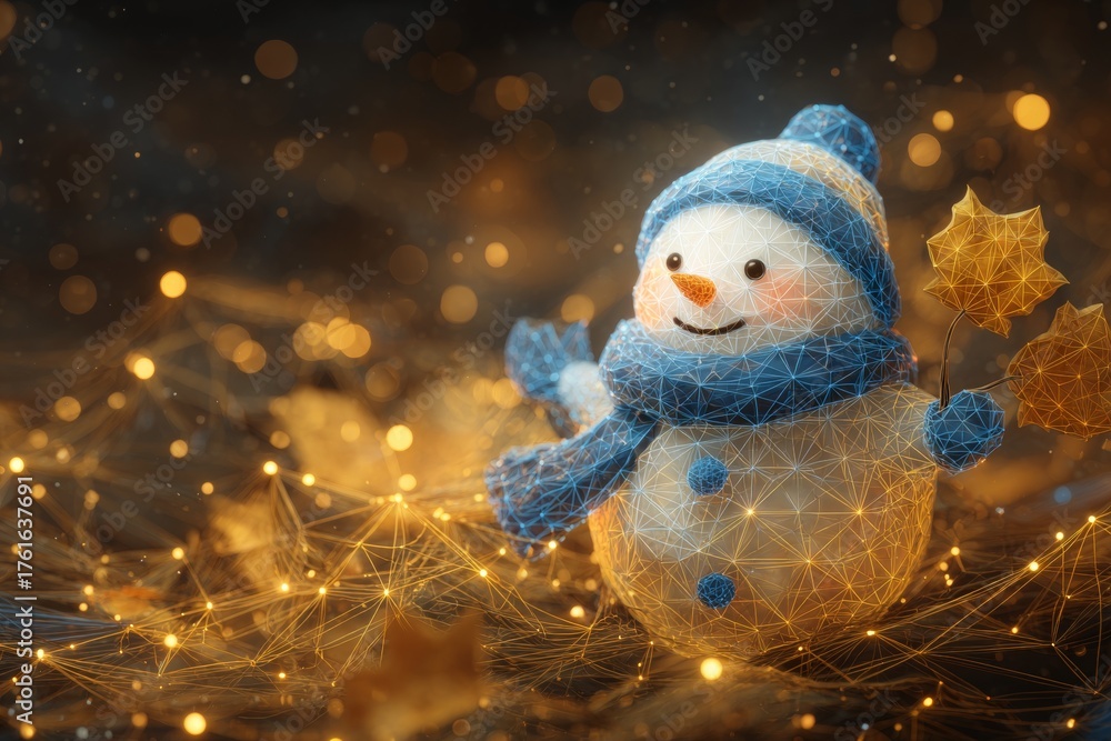 Obraz premium A smiling snowman greets the first snow among radiant fall leaves. Machine learning. Colorful scarfed snowman in sunlit autumn leaves, first snow on horizon. Tech innovation. Machine network.