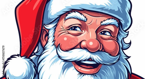 Cheerful cartoon Santa Claus face with a big white beard.