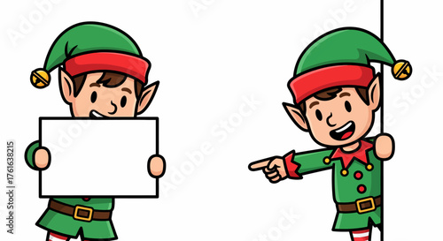 Two cheerful elves in green outfits holding a blank sign and pointing.