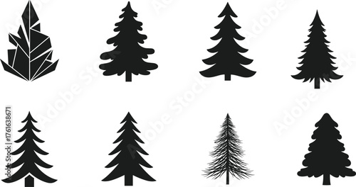 Black silhouette pine tree collection, evergreen conifer forest vector set, Christmas tree design illustration, nature woodland graphic art for logo, decoration 