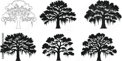 Black silhouette oak tree collection, moss covered tree vector set, nature landscape illustration, decorative forest element design, botanical art graphic for print 