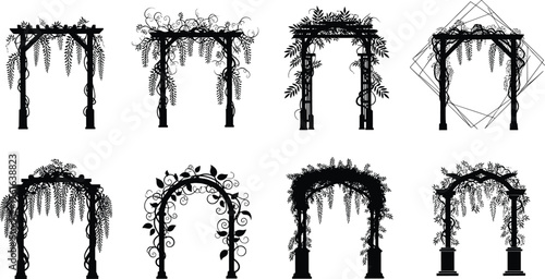 Collection of decorative garden arch silhouettes with climbing plants, floral vine frames, pergola designs, wedding arch elements, vector illustration