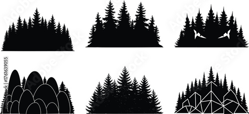 Pine forest silhouette vector collection, mountain tree landscape design, nature scene illustration