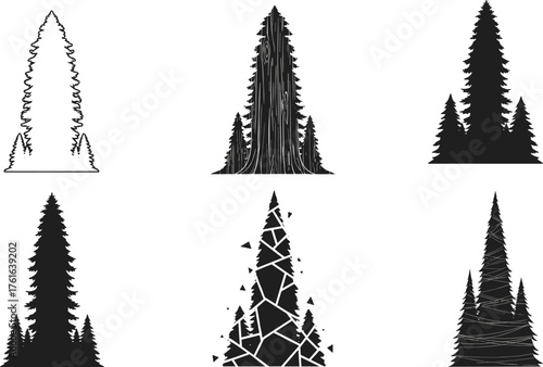 Set of evergreen pine tree silhouettes and geometric forest designs, black vector illustration of conifer shapes, minimal nature trees