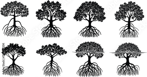 Set of eight mangrove tree silhouettes with exposed roots, tropical coastal vegetation illustration