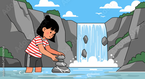 Young girl stacking stones near a waterfall.