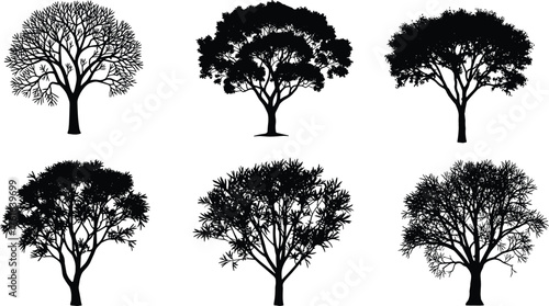 Tree silhouette vector collection, natural forest tree design, black and white tree shapes, nature landscape illustration,