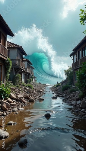 Devastating Tsunami Wave Engulfs Coastal Town, Leaving Chaos and Destruction in its Wake A Powerful Image of Natures Fury and the Aftermath of Flooding.
