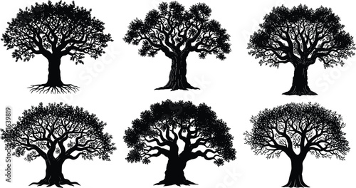 Tree silhouette vector collection, natural forest tree set, black and blue illustration, nature design elements, botanical landscape artwork, outdoor plant graphic shapes