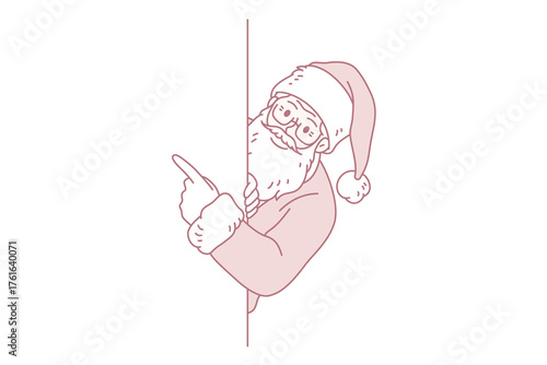 New Year and Christmas coming concept. Santa in traditional red cap and bearded looking and pointing aside with finger vector illustration