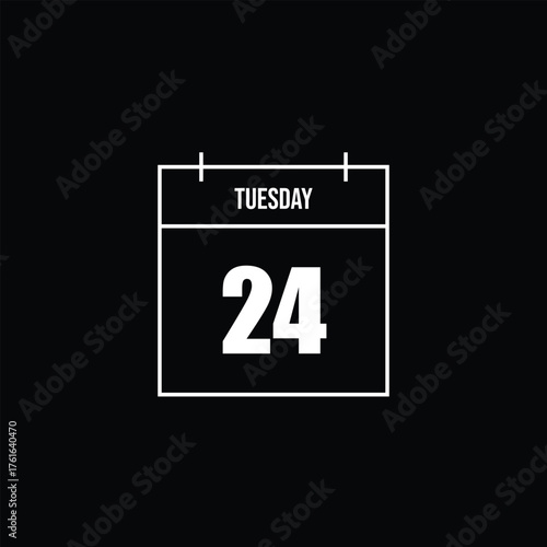 Clean and modern calendar icon design in white outline, indicating Tuesday and the 24th, symbolizing important dates, reminders, and daily planning on a dark background