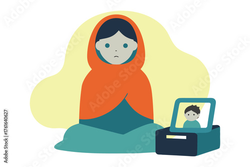 War Orphan Sitting on Suitcase Holding Family Photo Realistic Vector