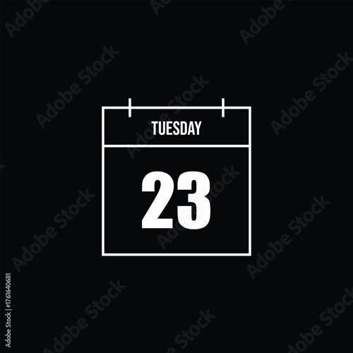 Calendar Icon Depicting Tuesday, the 23rd, Minimalist Design in White on Black Background