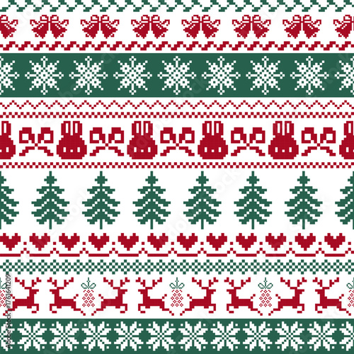 Christmas Pixel Seamless Pattern with Nordic Knitted Design