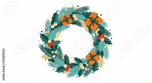 Illustrated Christmas holiday wreath with gifts and berries.