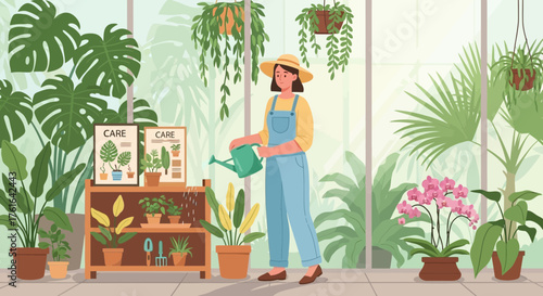 Woman's Gentle Nurturing Touch in Lush Greenhouse with Vibrant Plants