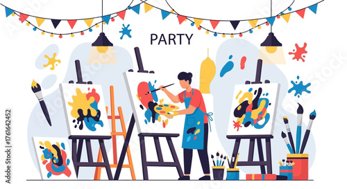Lively painting party, artist surrounded by easels, brushes and festive decorations