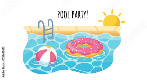 Cartoon swimming pool illustration with inflatable donut and beach ball graphic