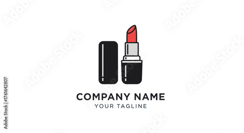 Elegant Red Lipstick Open With Cap Beside It Minimalist Logo Design.