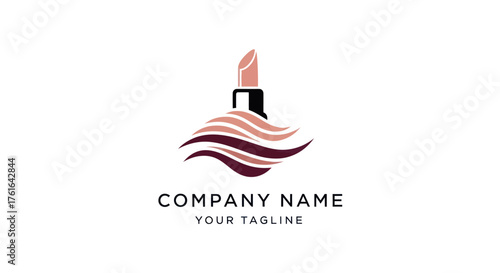 Elegant lipstick logo with colorful flowing waves for a beauty brand.