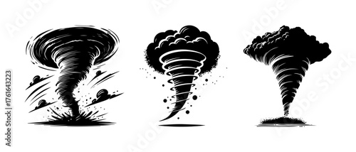 Dynamic Tornado Silhouette Collection Showing Powerful Windstorm Illustrations